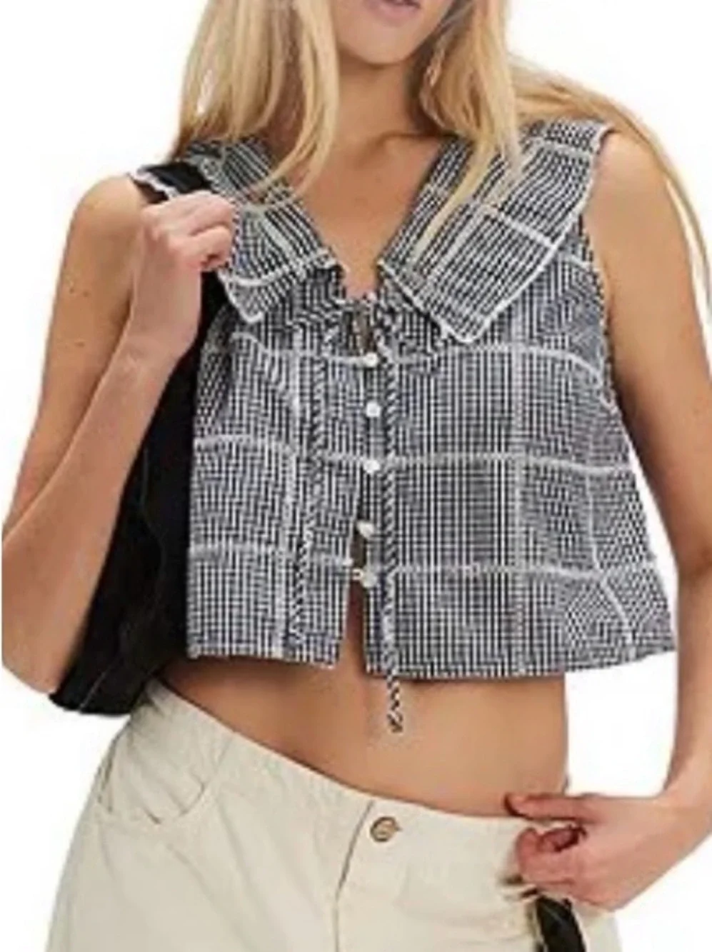 Free People Waiting For Me Plaid Collared V-Neck Sleeveless Cropped Top NWOT